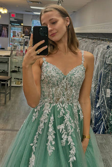 Glitzer Salbei A Linie Spaghettiträger Lange Abendkleid mit Applikationen