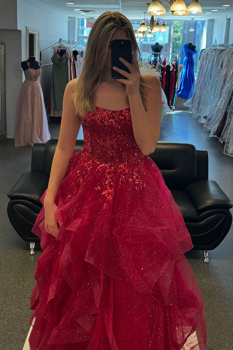Laden Sie das Bild in den Galerie-Viewer, Glitzer Fuchsie A Linie Rückenfrei Lange Abendkleid mit Pailletten