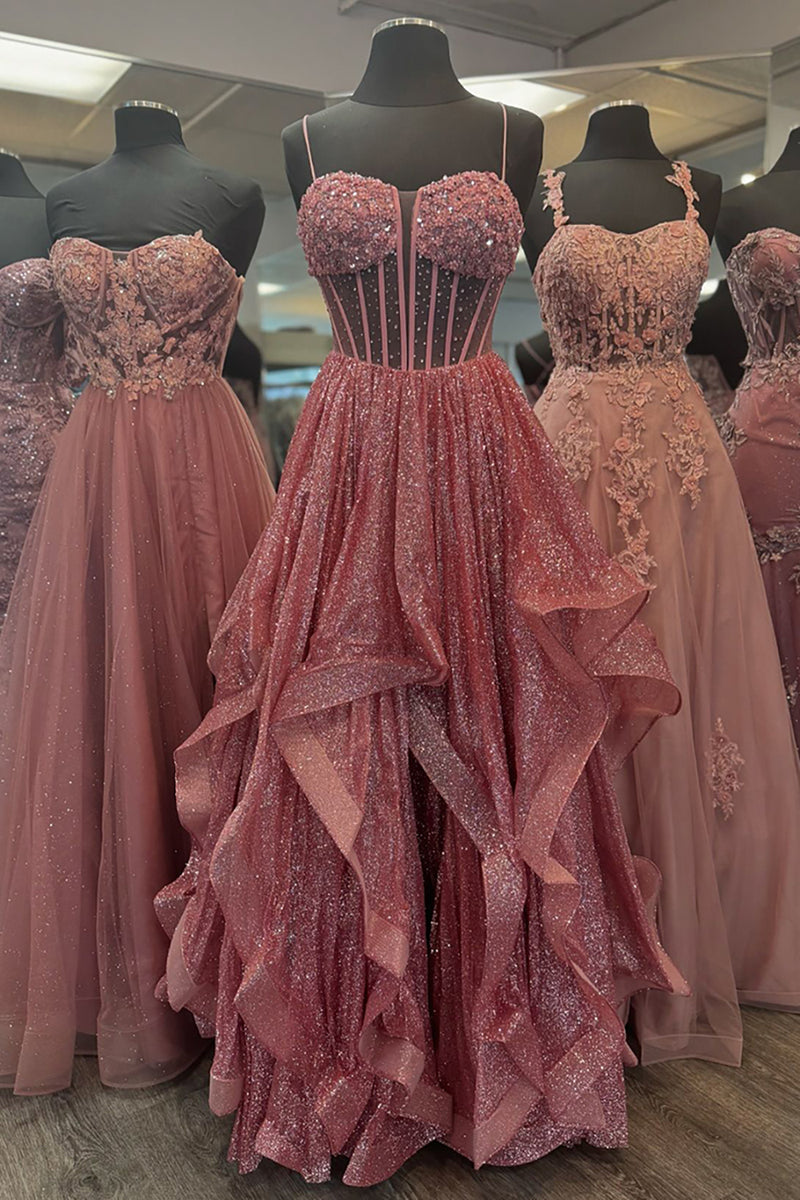 Laden Sie das Bild in den Galerie-Viewer, Glitzer Grau Blau Korsett Gestreift Lange Abendkleid mit Perlen