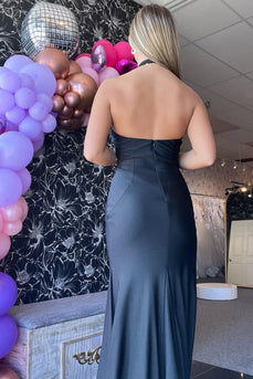 Glitzer Schwarze Neckholder Perlen Langes Abendkleid mit Fransen