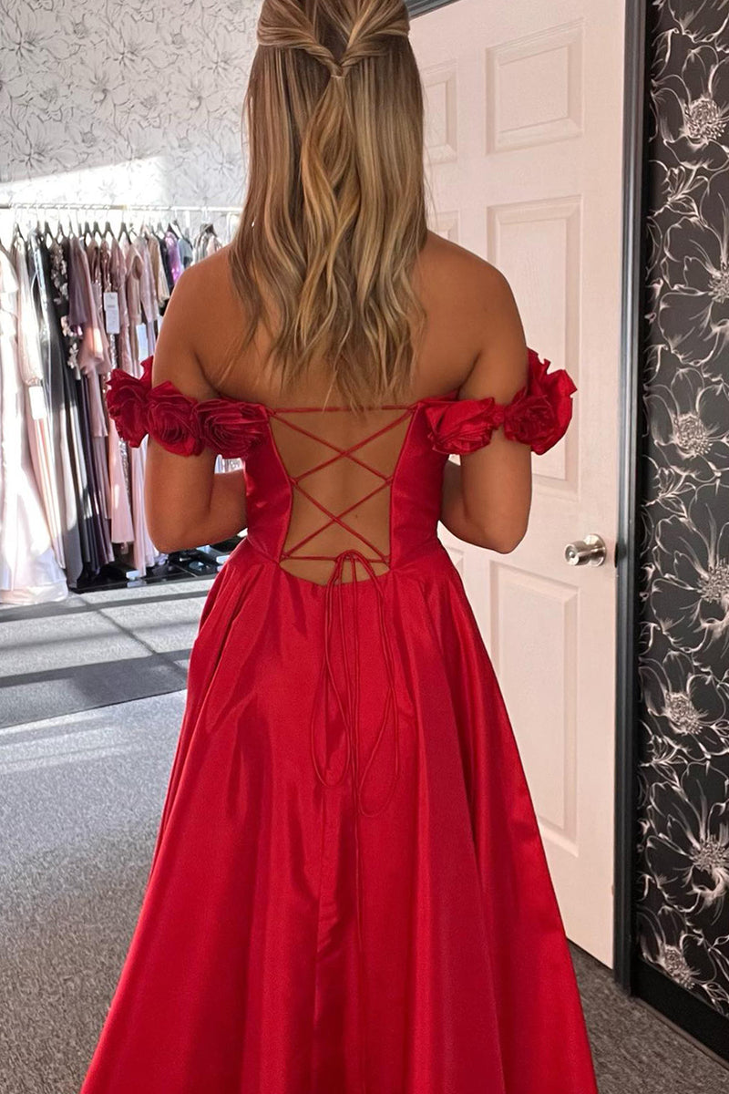 Laden Sie das Bild in den Galerie-Viewer, Rote Korsett Schulterfrei Satin Langes Abendkleid mit Schlitz