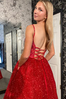 Laden Sie das Bild in den Galerie-Viewer, Glitzer Rote A-Linie Spaghettiträger Langes Pailletten Abendkleid