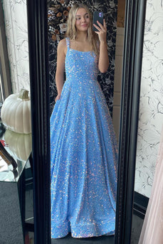 Glitzer Blau A-Linie Spaghettiträger Langes Pailletten Abendkleid