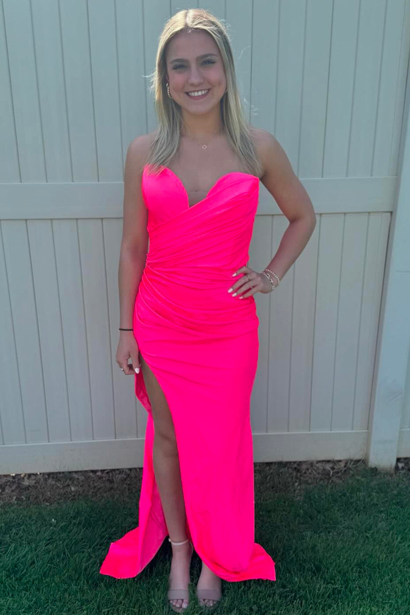 Laden Sie das Bild in den Galerie-Viewer, Heiße Rosa Trägerlose Gerüschte Meerjungfrau Langes Abendkleid