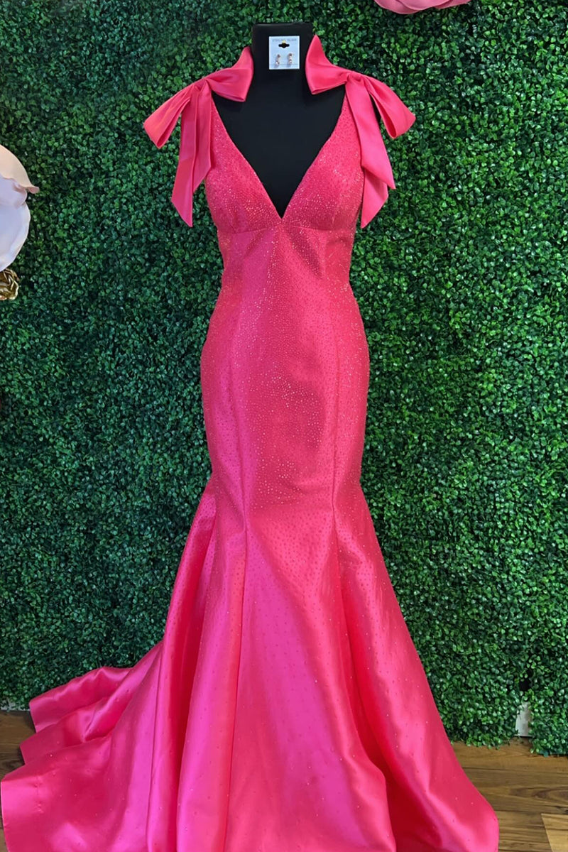 Laden Sie das Bild in den Galerie-Viewer, Glitzer Gelbe V-Ausschnitt Perlen Langes Abendkleid mit Bogen