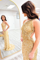 Laden Sie das Bild in den Galerie-Viewer, Glitzer Gold Eine Schulter Pailletten Rückenfreie Langes Abendkleid mit Schlitz