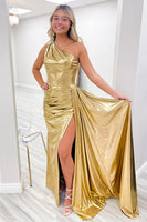 Laden Sie das Bild in den Galerie-Viewer, Gold Metallisch Ein Schulter Korsett Gerüscht Langes Abendkleid mit Schlitz