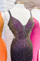 Laden Sie das Bild in den Galerie-Viewer, Glitzer Schwarz Perlen Spaghettiträger Langes Abendkleid mit Schlitz