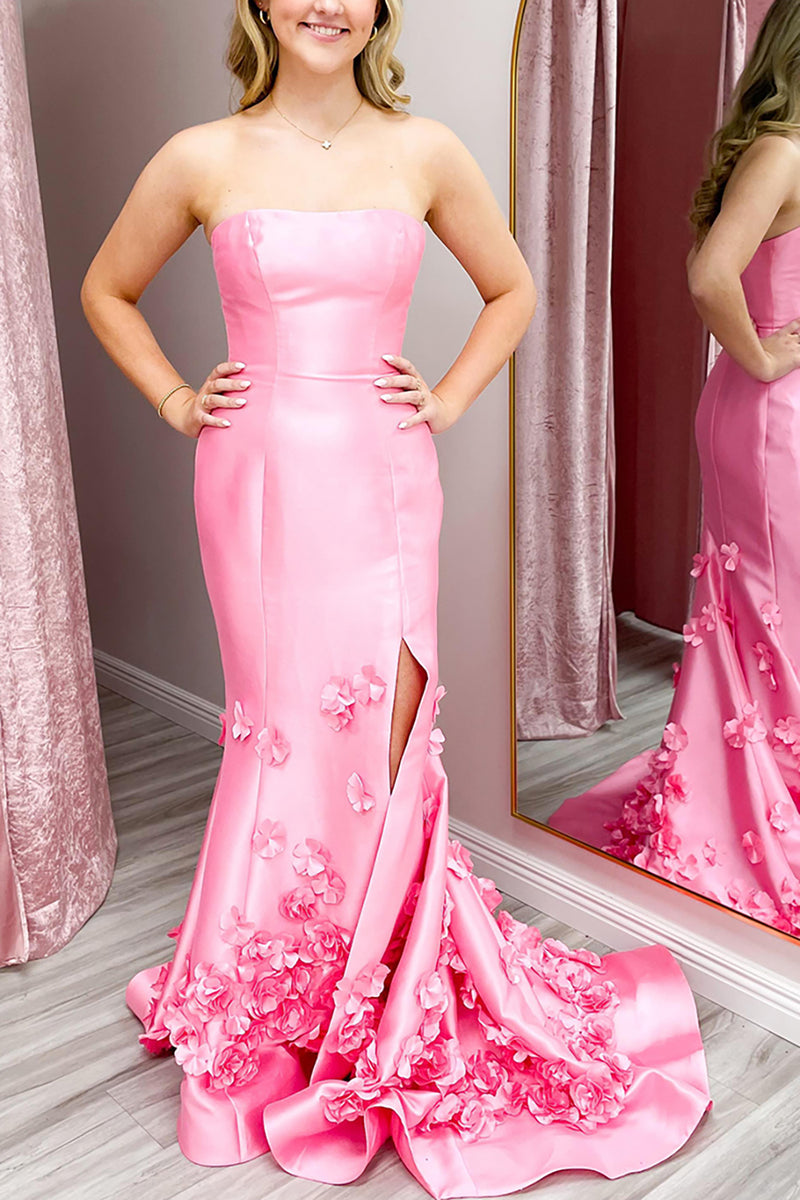 Laden Sie das Bild in den Galerie-Viewer, Rosa Meerjungfrau Trägerlos Satin Langes Abendkleid mit 3D Blumen