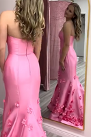 Laden Sie das Bild in den Galerie-Viewer, Rosa Meerjungfrau Trägerlos Satin Langes Abendkleid mit 3D Blumen