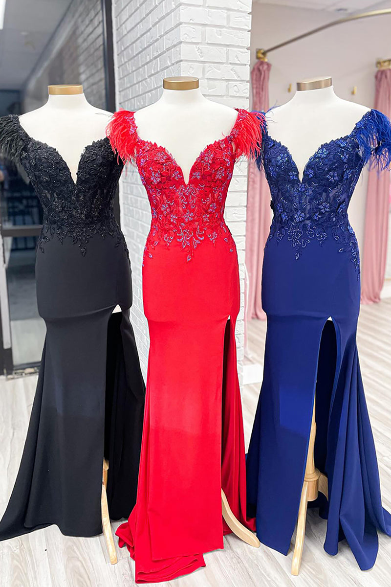 Laden Sie das Bild in den Galerie-Viewer, Glitzer Rote Federn V-Ausschnitt Korsett Langes Abendkleid mit Schlitz