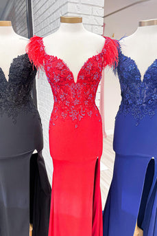 Glitzer Rote Federn V-Ausschnitt Korsett Langes Abendkleid mit Schlitz