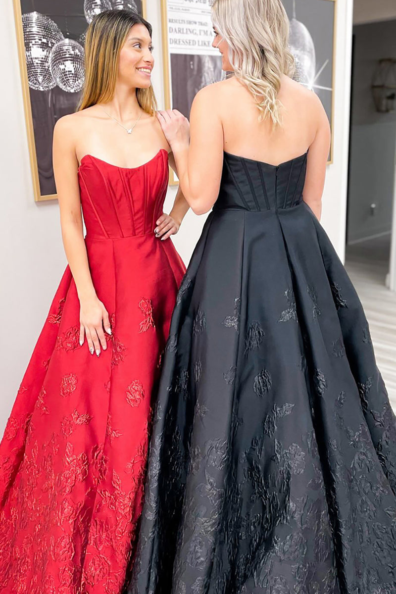 Laden Sie das Bild in den Galerie-Viewer, Blumen Rote Trägerloses Korsett Langes Satin Abendkleid