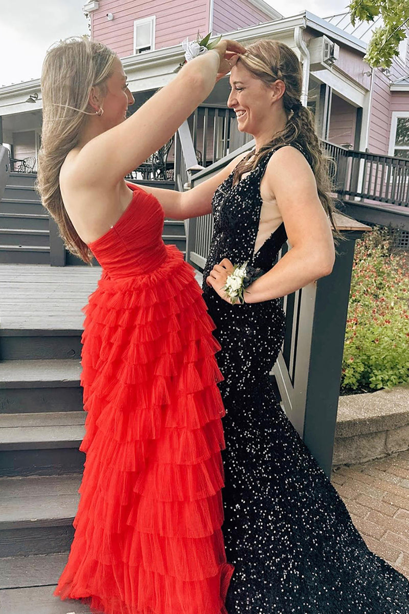 Laden Sie das Bild in den Galerie-Viewer, Rote Herzausschnitt Tüll Gestaffelt Langes Abendkleid