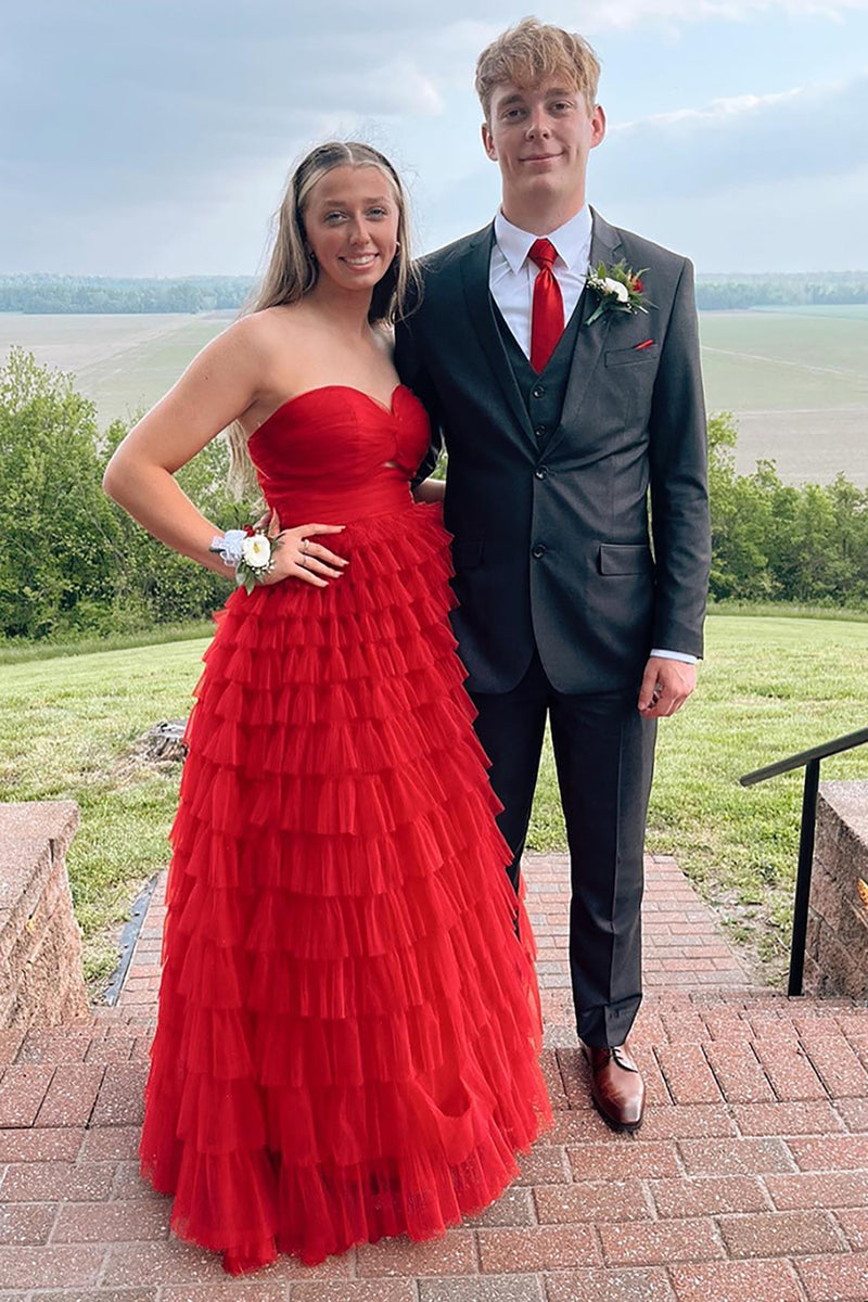 Laden Sie das Bild in den Galerie-Viewer, Rote Herzausschnitt Tüll Gestaffelt Langes Abendkleid