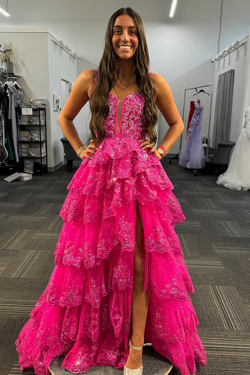 Laden Sie das Bild in den Galerie-Viewer, Glitzer Schwarz Korsett Tüll Gestufte Spaghettiträger Langes Abendkleid