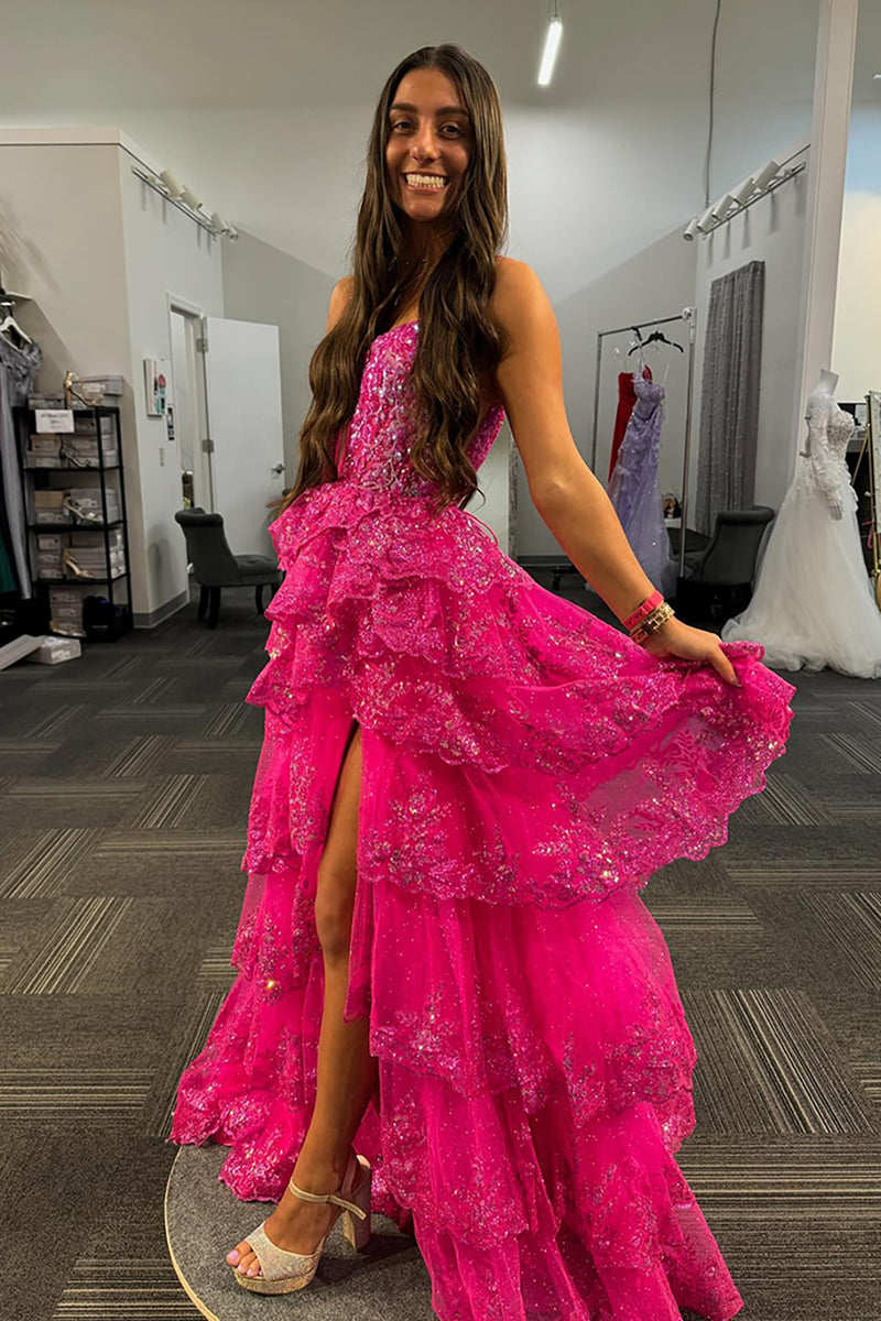 Laden Sie das Bild in den Galerie-Viewer, Glitzer Schwarz Korsett Tüll Gestufte Spaghettiträger Langes Abendkleid