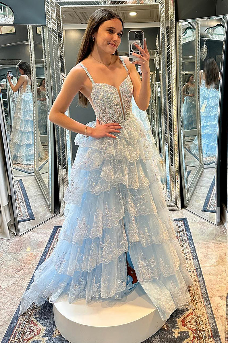 Laden Sie das Bild in den Galerie-Viewer, Glitzer Schwarz Korsett Tüll Gestufte Spaghettiträger Langes Abendkleid