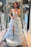 Laden Sie das Bild in den Galerie-Viewer, Glitzer Schwarz Korsett Tüll Gestufte Spaghettiträger Langes Abendkleid