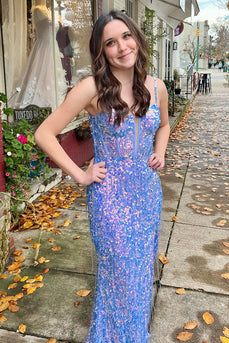 Glitzer Blau Korsett Pailletten Fransen Langes Abendkleid mit Schlitz