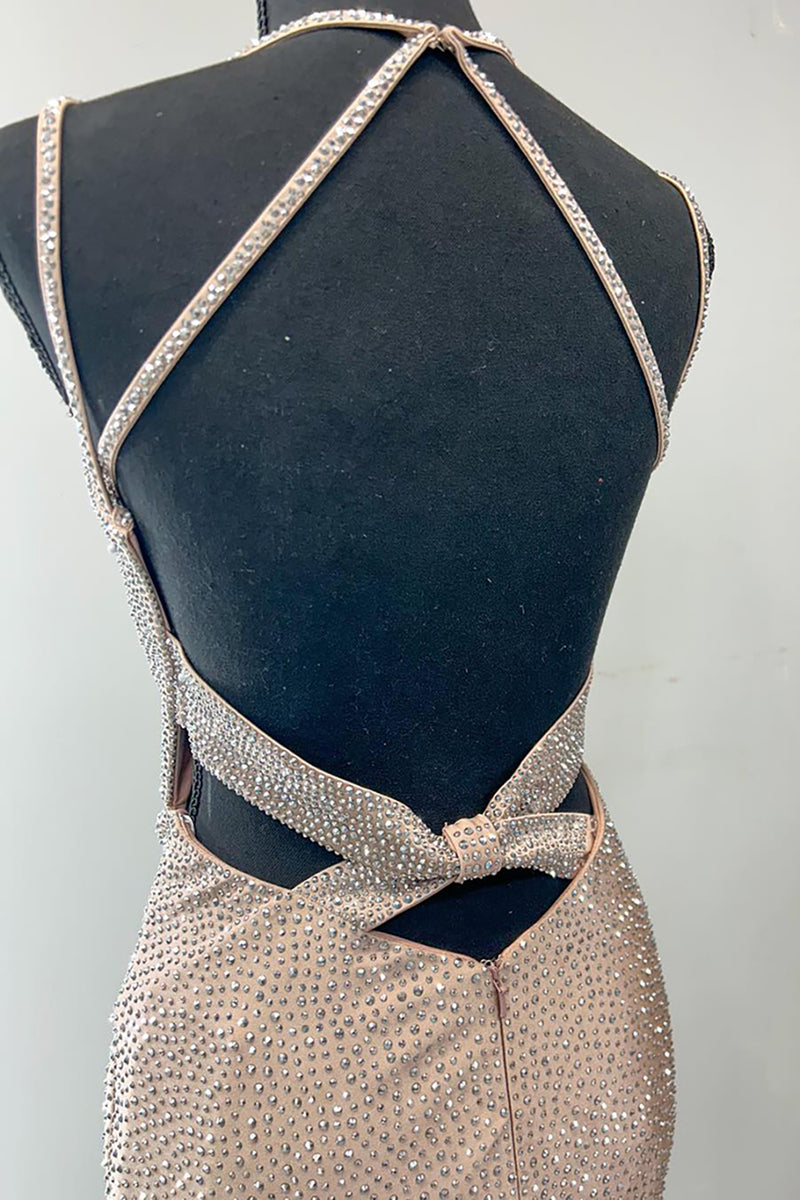 Laden Sie das Bild in den Galerie-Viewer, Glitzer Gold Perlen V-Ausschnitt Satin Langes Abendkleid