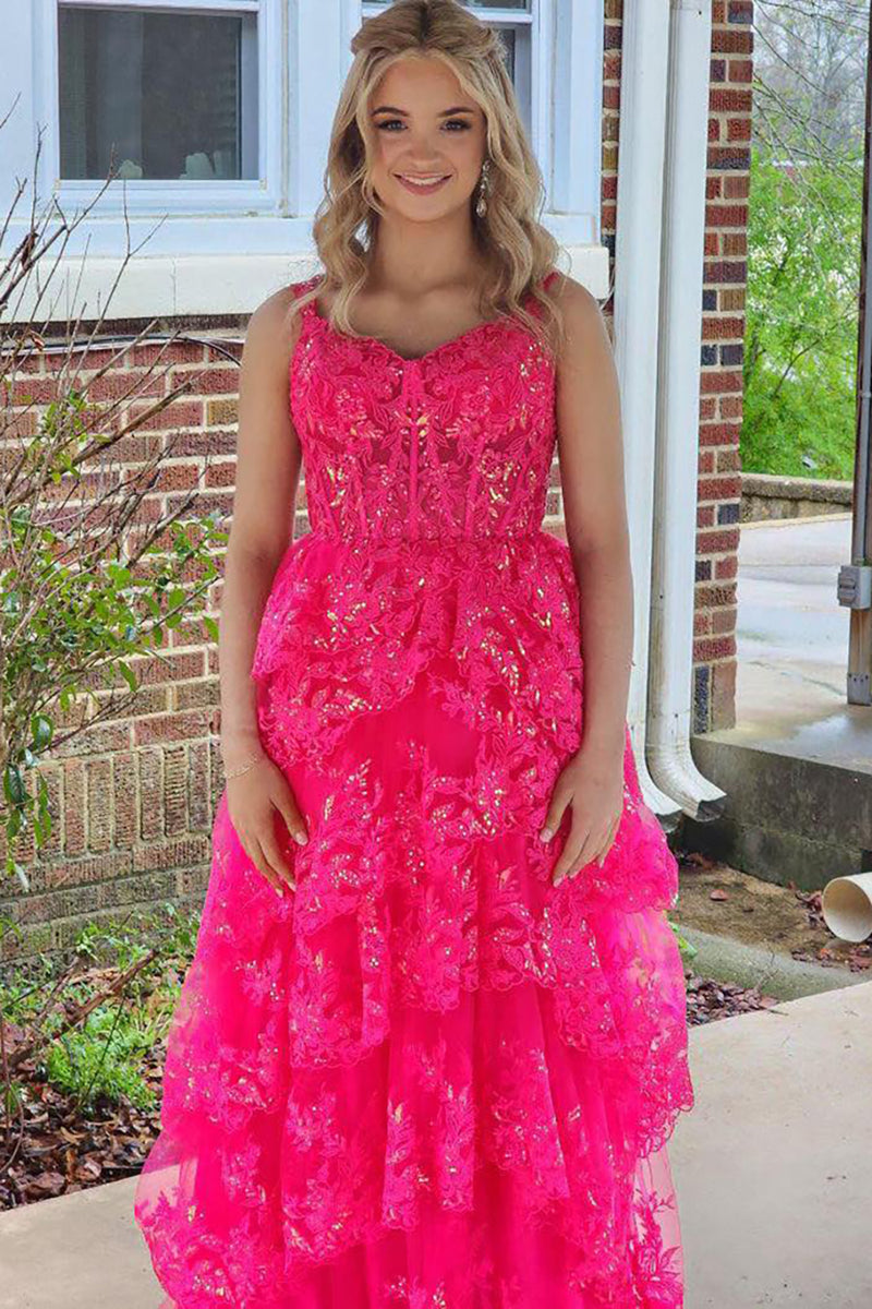 Laden Sie das Bild in den Galerie-Viewer, Glitzer Fuchsia Korsett Blumen A Linie Langes Abendkleid