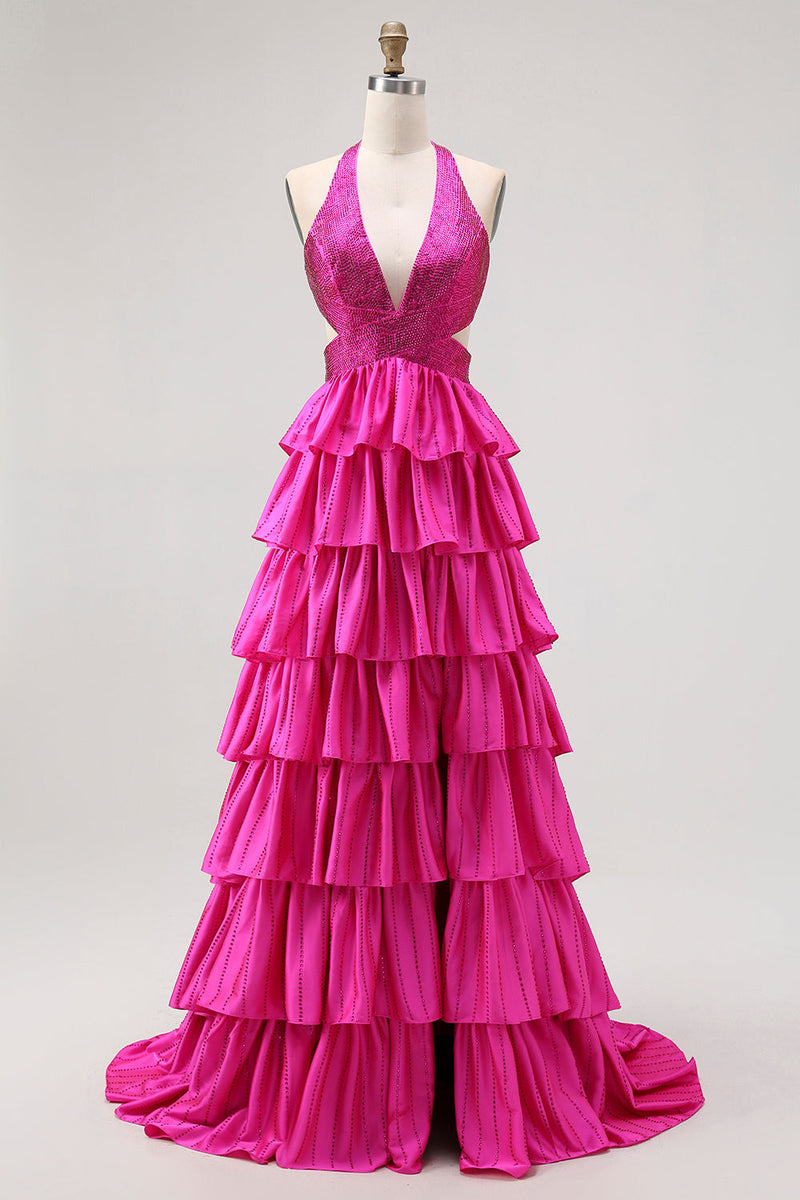 Laden Sie das Bild in den Galerie-Viewer, Glitzer Fuchsia Neckholder A Linie Rüschen Lange Ballkleid mit Perlen
