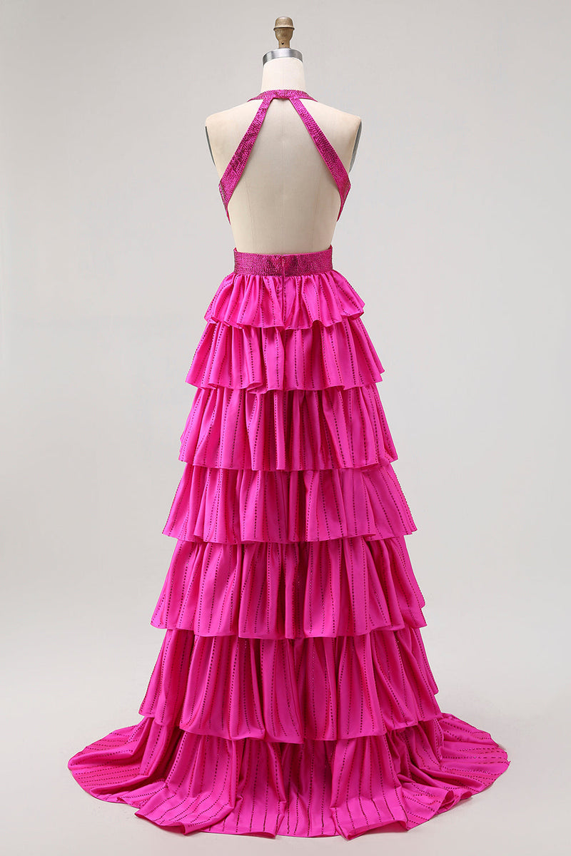 Laden Sie das Bild in den Galerie-Viewer, Glitzer Fuchsia Neckholder A Linie Rüschen Lange Ballkleid mit Perlen