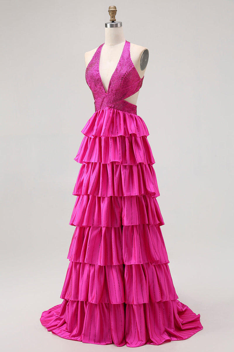 Laden Sie das Bild in den Galerie-Viewer, Glitzer Fuchsia Neckholder A Linie Rüschen Lange Ballkleid mit Perlen