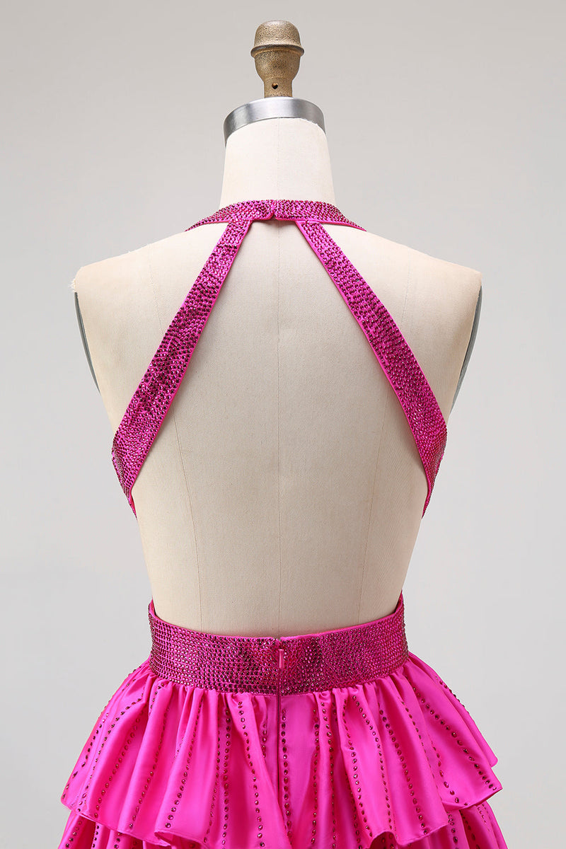 Laden Sie das Bild in den Galerie-Viewer, Glitzer Fuchsia Neckholder A Linie Rüschen Lange Ballkleid mit Perlen