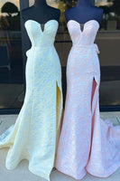 Laden Sie das Bild in den Galerie-Viewer, Blumen Gelb Herzchen Satin Langes Abendkleider mit Schlitz