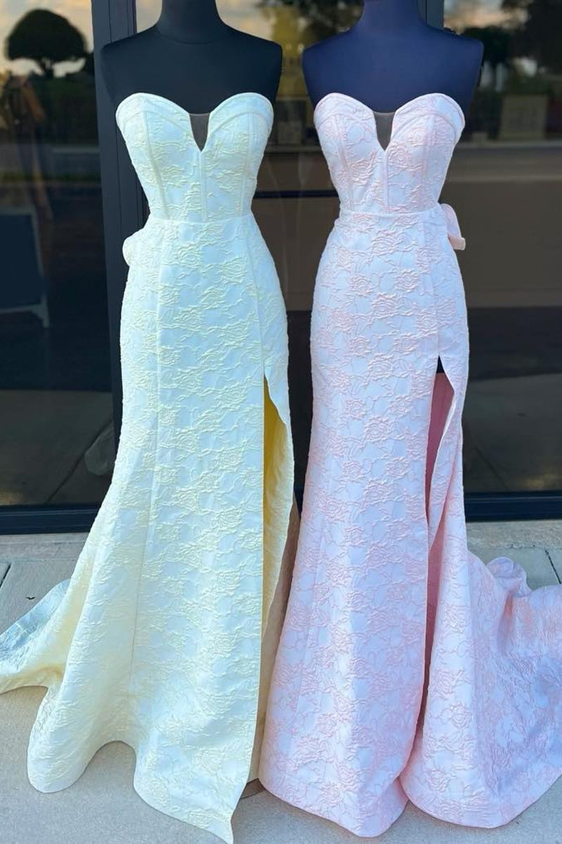 Laden Sie das Bild in den Galerie-Viewer, Blumen Gelb Herzchen Satin Langes Abendkleider mit Schlitz