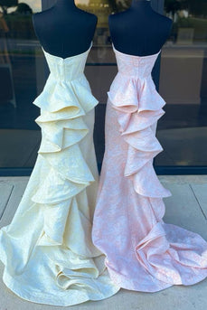 Blumen Gelb Herzchen Satin Langes Abendkleider mit Schlitz