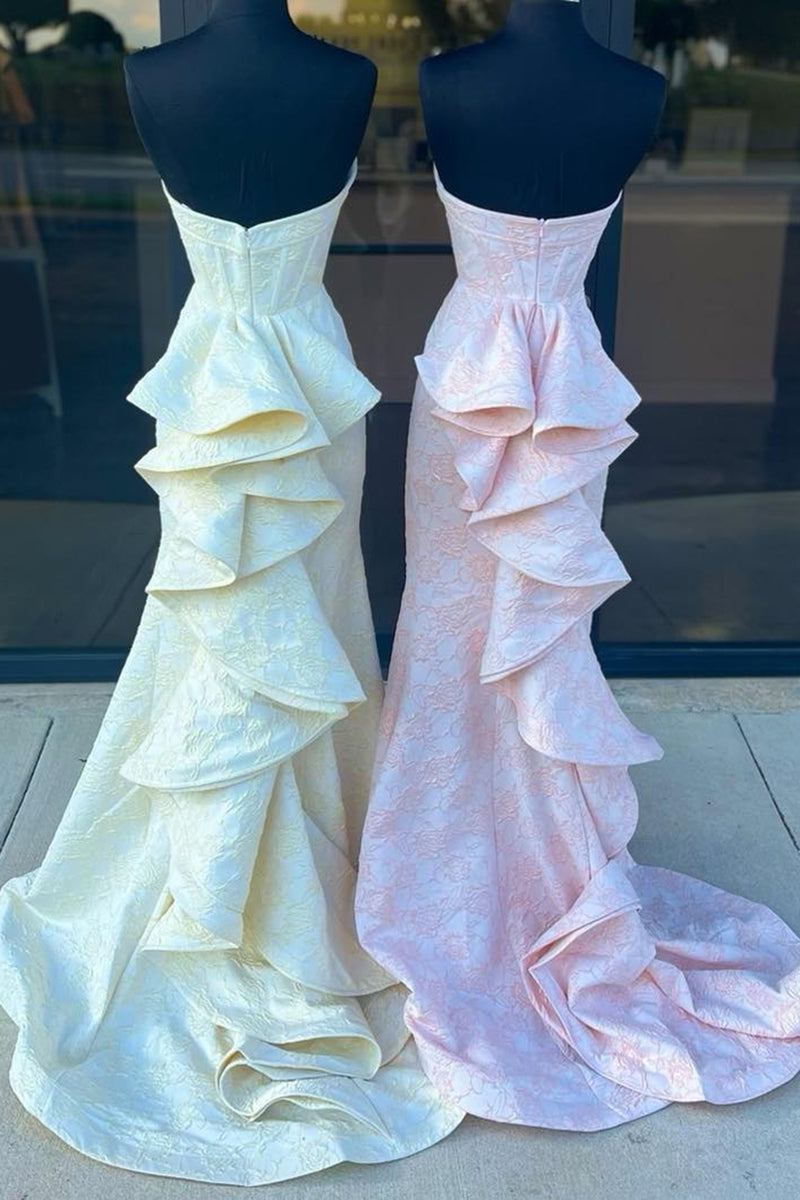 Laden Sie das Bild in den Galerie-Viewer, Blumen Gelb Herzchen Satin Langes Abendkleider mit Schlitz