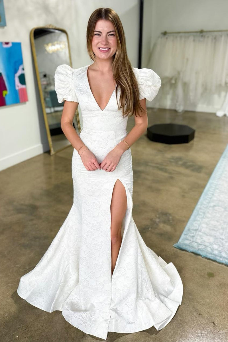 Laden Sie das Bild in den Galerie-Viewer, Weiße Puffärmel V-Ausschnitt Meerjungfrau Langes Abendkleid mit Schlitz