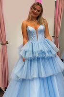 Laden Sie das Bild in den Galerie-Viewer, Prinzessin Blau Trägerlos Korsett Gestreift Lange Abendkleid