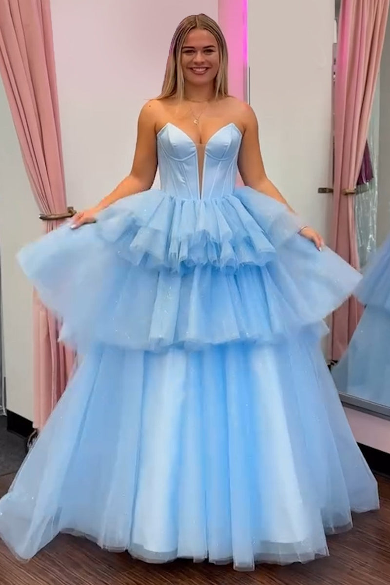 Laden Sie das Bild in den Galerie-Viewer, Prinzessin Blau Trägerlos Korsett Gestreift Lange Abendkleid