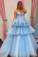 Laden Sie das Bild in den Galerie-Viewer, Prinzessin Blau Trägerlos Korsett Gestreift Lange Abendkleid