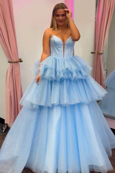 Prinzessin Blau Trägerlos Korsett Gestreift Lange Abendkleid