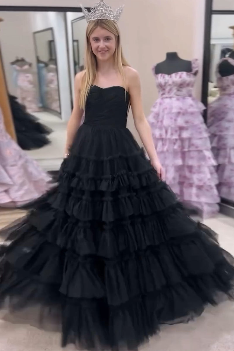 Laden Sie das Bild in den Galerie-Viewer, Prinzessin Schwarz Trägerlos Gestreift Lange Abendkleid
