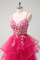 Laden Sie das Bild in den Galerie-Viewer, Glitzer Fuchsia Tüll A Linie Spaghettiträger Rüschen Langes Ballkleid