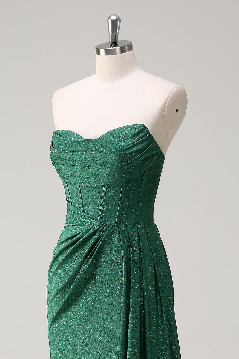 Laden Sie das Bild in den Galerie-Viewer, Glitzer Dunkelgrün Trägerloses Meerjungfrauen Langes Ballkleid mit Schlitz