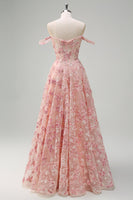 Laden Sie das Bild in den Galerie-Viewer, Rosa A Linien Korsett 3D Blumen Korsett Langes Abendkleid mit Schlitz