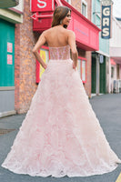 Laden Sie das Bild in den Galerie-Viewer, Glitzer Pink Tüll Trägerlos Langes Blumen Abendkleid mit Taschen