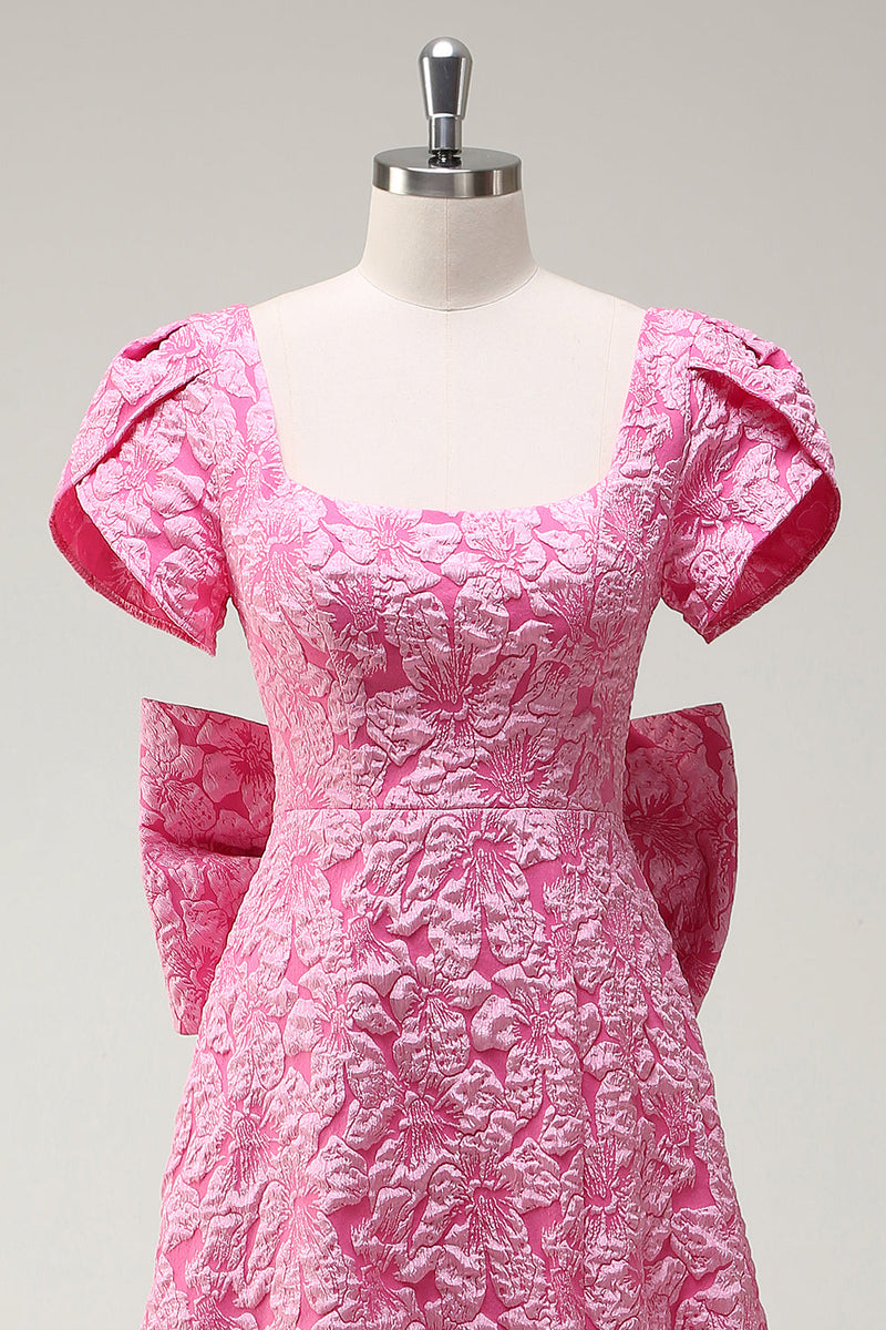 Laden Sie das Bild in den Galerie-Viewer, Fuchsia Quadratischem A Linie Schleife Langes Ballkleid mit Schlitz