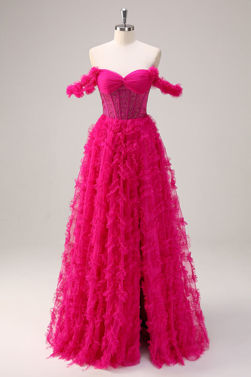 Laden Sie das Bild in den Galerie-Viewer, Glitzer Fuchsia A Linien Korsett Langes Ballkleid mit Schlitze
