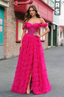 Laden Sie das Bild in den Galerie-Viewer, Glitzer Fuchsia A Linien Schulterfrei Langes Korsett Langes Ballkleid mit Schlitz