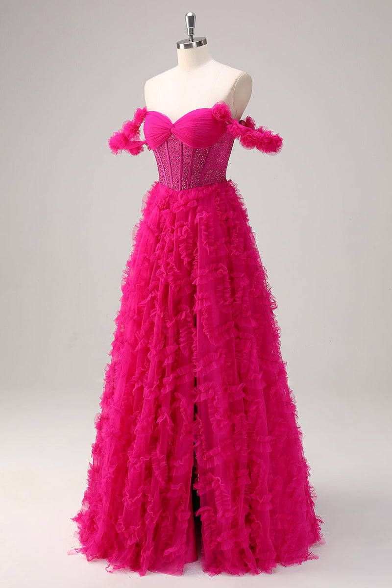 Laden Sie das Bild in den Galerie-Viewer, Glitzer Fuchsia A Linien Korsett Langes Ballkleid mit Schlitze