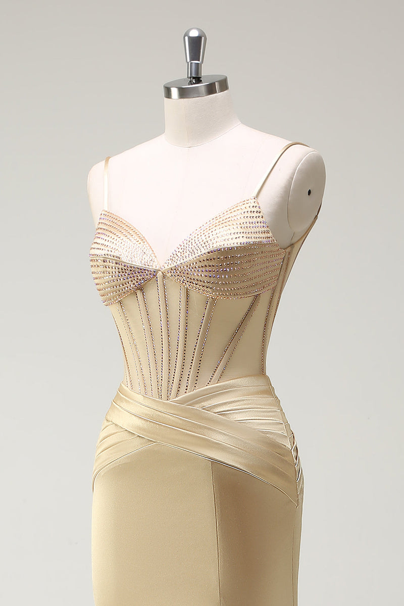 Laden Sie das Bild in den Galerie-Viewer, Glitzer Golden Korsett Meerjungfrau Spaghettiträger Langes Ballkleid mit Schlitz