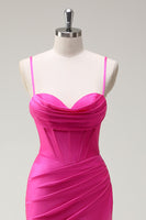 Laden Sie das Bild in den Galerie-Viewer, Fuchsia Spaghettiträger Meerjungfrau Langes Ballkleid mit Schlitz